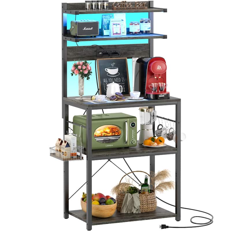 Bakers Rack Kitchen Storage Shelf with Power Outlets and RGB LED Lights,5 Tiers Coffee Bar Station,Microwave Stand