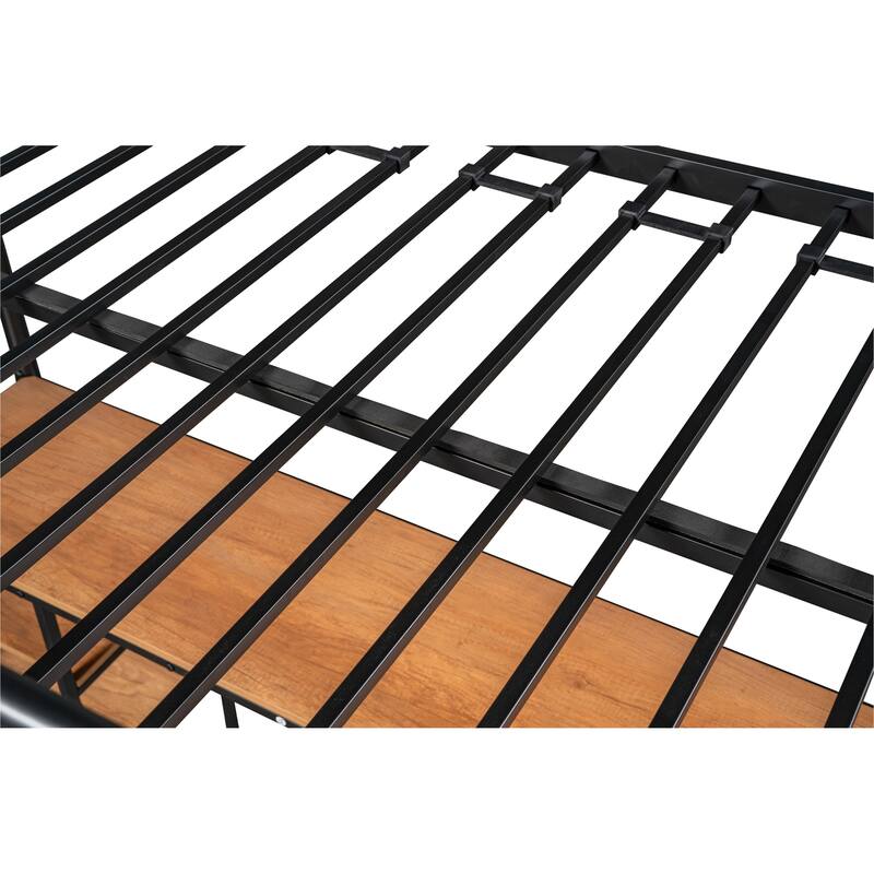 Black Twin Size Metal Loft Bed with Table and Shelves