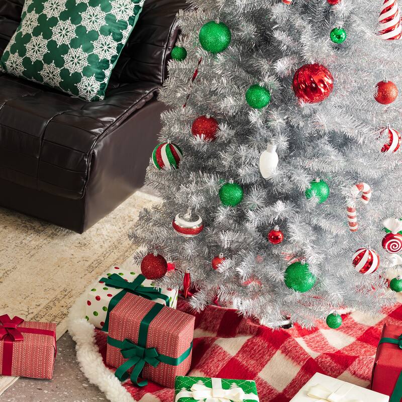 Glitzhome 7.5ft/9ft Shimmering Tinsel Pink Slim Pencil Fir Artificial Christmas Trees