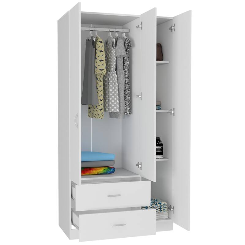 18.5" Modern Three-door Armoire with Hanging Rod, Two Bottom Drawers and Four Interior Shelves