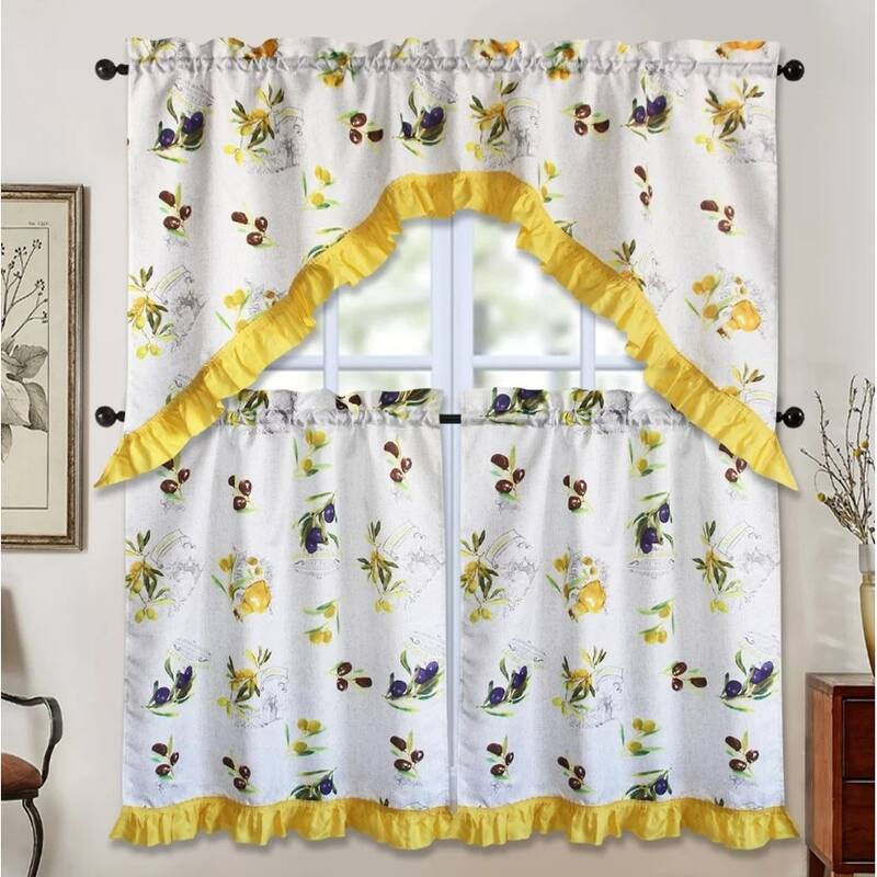 3 Piece Kitchen Curtain Rod Pocket Decorative Window Treatment Valance & Swag Curtain Set