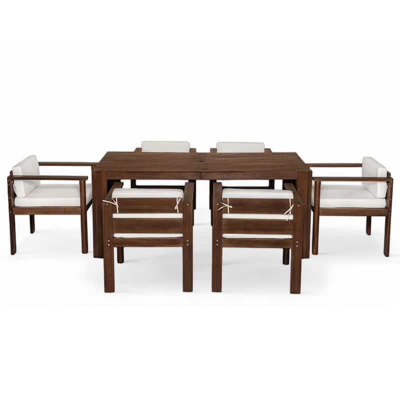 7-Piece Outdoor Patio Acacia Wood Dining Set with Umbrella Hole and 6 Cushioned Low Back Chairs