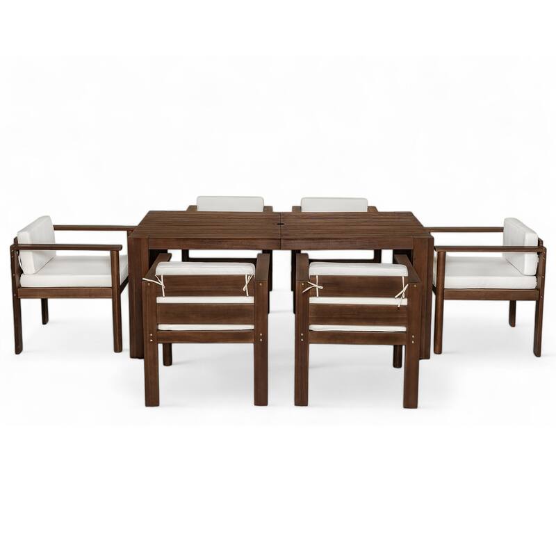 7-Piece Outdoor Patio Dining Set Wood Rectangular Dining Table and 6 Arm Chairs with Parasol Hole and Removable Cushions