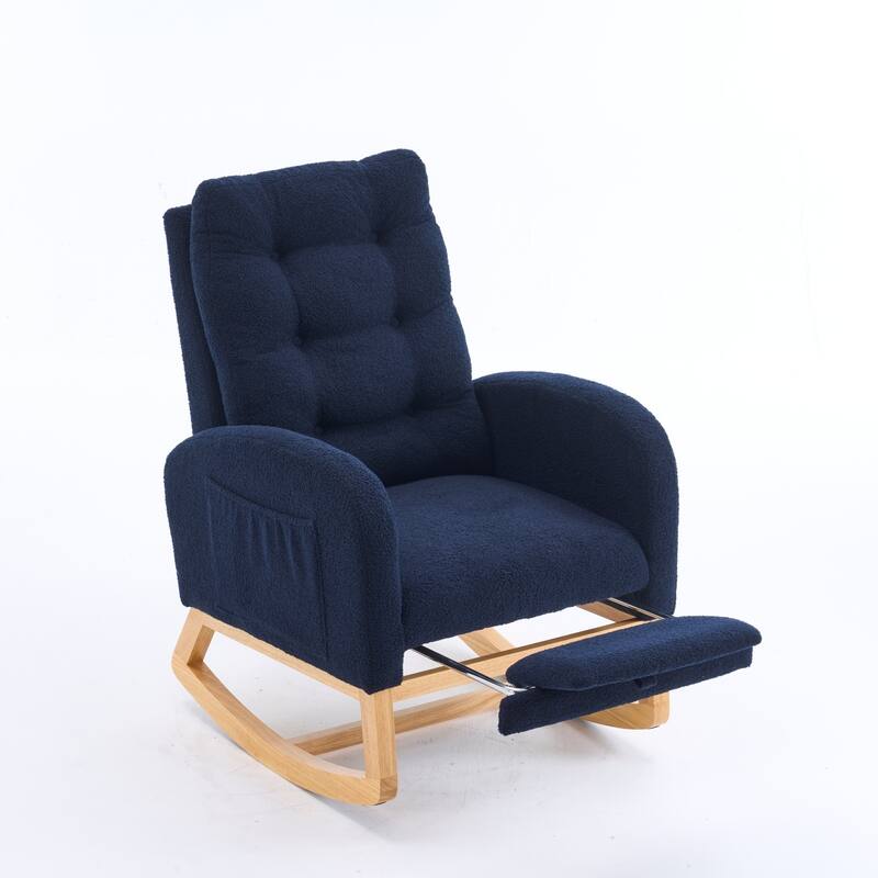 Plush Accent Rocking Chair with Footrest, Cream White High-Back Rocker, Rubber Wood Lounge Chair for Nursery & Living Room