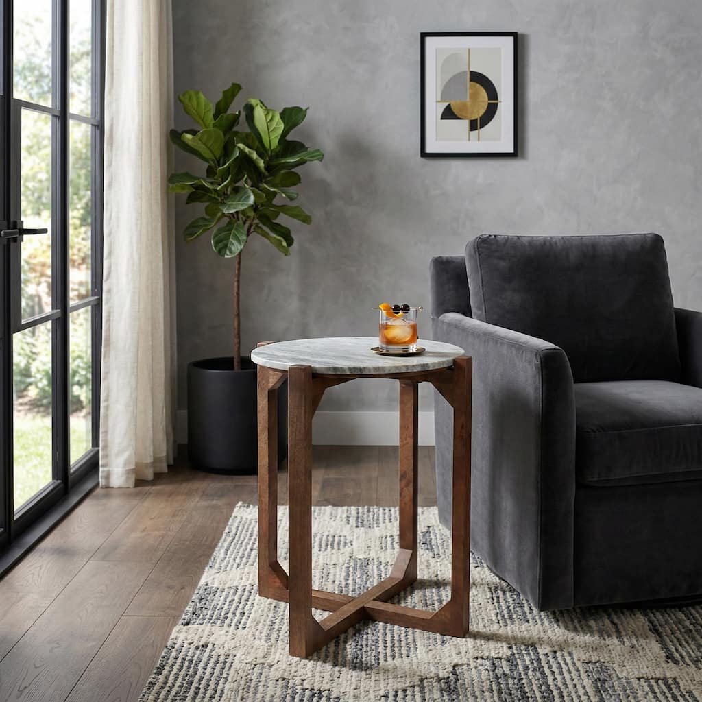 Modern Marble Top Accent End Table with Wood Base - 22.0"