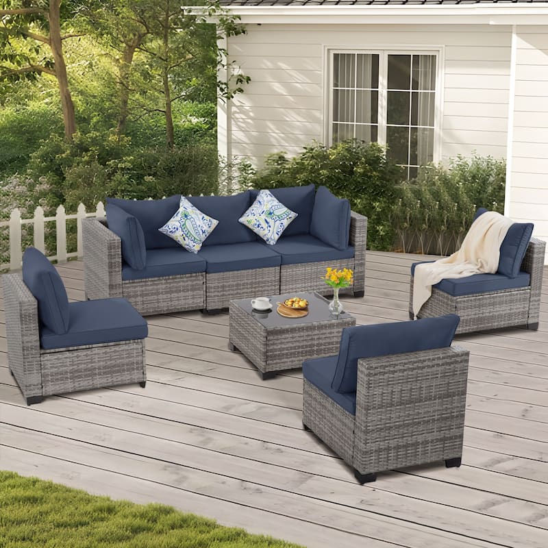 7-Piece Wicker Patio Conversation Set with Cushions,6 Sofas, 1 Table
