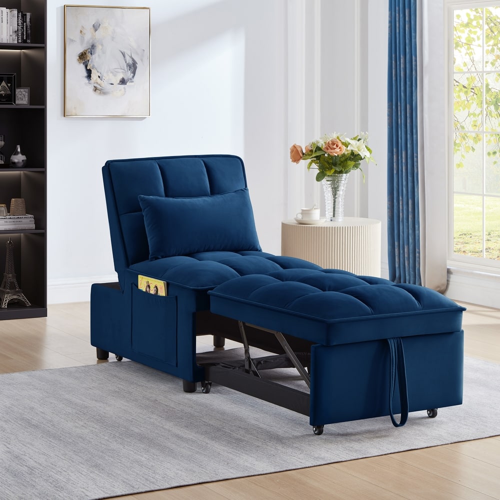 Navy Velvet Folding Sofa Bed with Adjustable Backrest