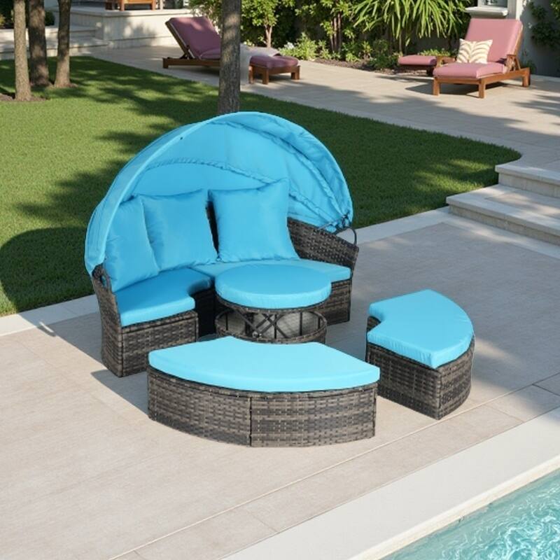 5-Piece Round Wicker Patio Daybed Set with Retractable Canopy, Cushioned Sofa and Ottomans, Hidden Coffee Table
