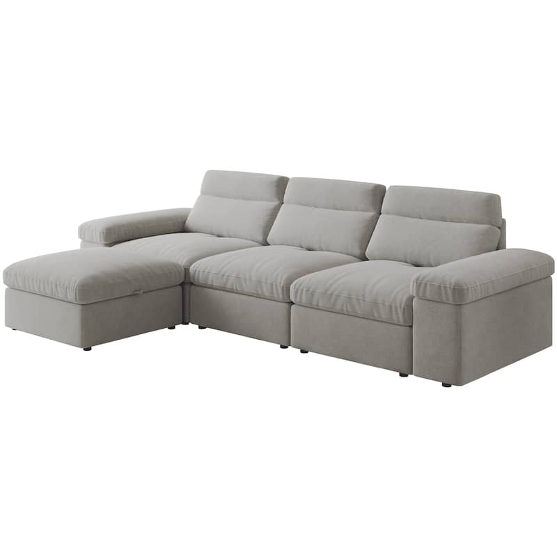 Down Filling Upholstered L-shaped Sectional Sofa with Storage Ottoman and Armrests, Chaise Modular Couch with Adjusted Backrest