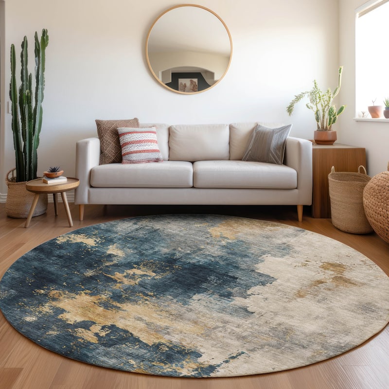 Machine Washable Indoor/ Outdoor Abstract Modern Chantille Rug - Blue - 8' x 8'