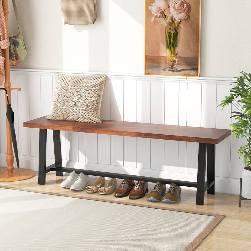 Walnut and Black Entryway Bench with Thick MDF Seat and Metal Frame for Living Room or Foyer