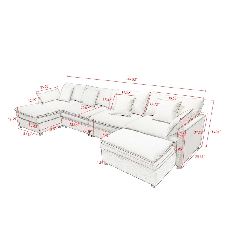 142.52" U-Shaped 6-Seat Sectional Sofa with Convertible Chaise and Ottomans, Spacious Cloud Couch