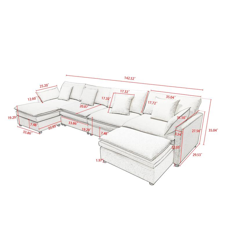 U-Shaped Chenille Fabric Couch with Ottoman Bench, Spacious 4-Seater Sofa for Living Room