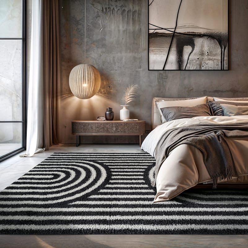 Abstract Arch Shag Rug - Medium Pile, Durable & Easy to Clean - Anthracite Dark Gray