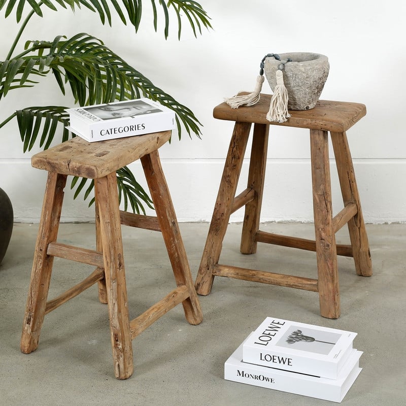 Artissance Rectangular Rustic Vintage Stool, Weathered Natural Wood Finish (Size & Finish Vary) - Approx size 12-20 in wide