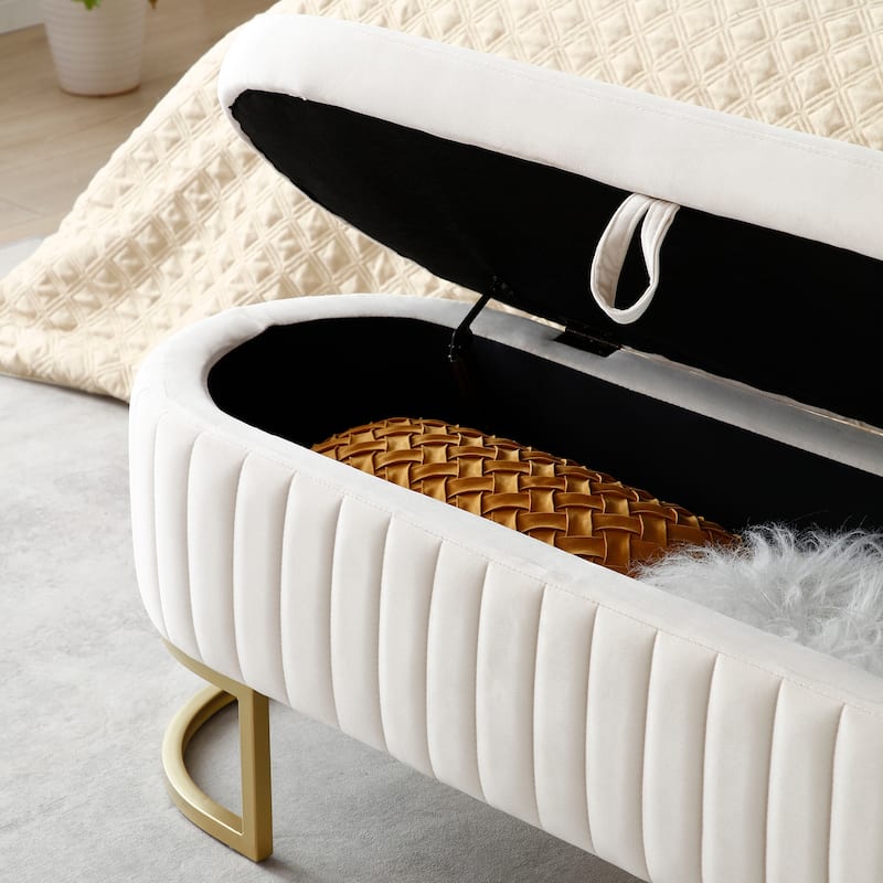 Storage Bench Bedroom Bench, Velvet Oval Upholstered End of Bed Bench with Golden Metal Legs,50" Storage Ottoman Bench