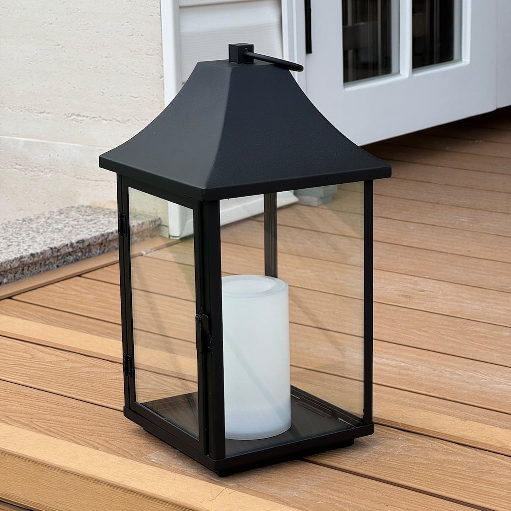 H14'' Outdoor Solar Lantern with Flickering LED Candle Black Metal with Tempered Glass Hanging or Table Lantern for Patio Porch