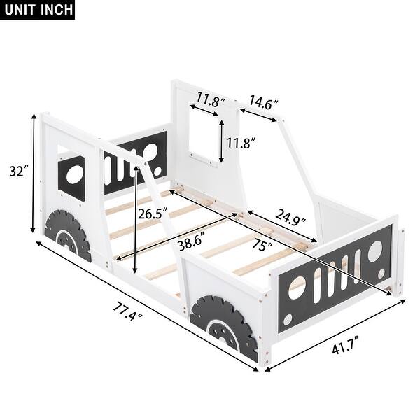 dimension image slide 2 of 4, Classic Car-Shaped Platform Bed with Wheels and Guardrail, Features Doors and Windows