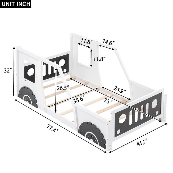 dimension image slide 1 of 4, Twin Size Classic Car-Shaped Platform Bed with Wheels and Full-Length Guardrail