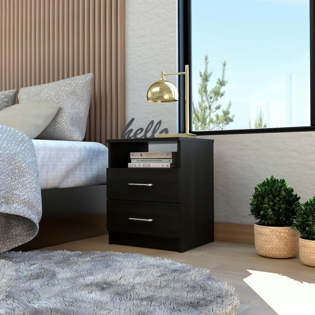 Brookeline 2-Drawer 1-Shelf Rectangle Nightstand Black Wengue，Suitable for bedrooms,living rooms,apartments