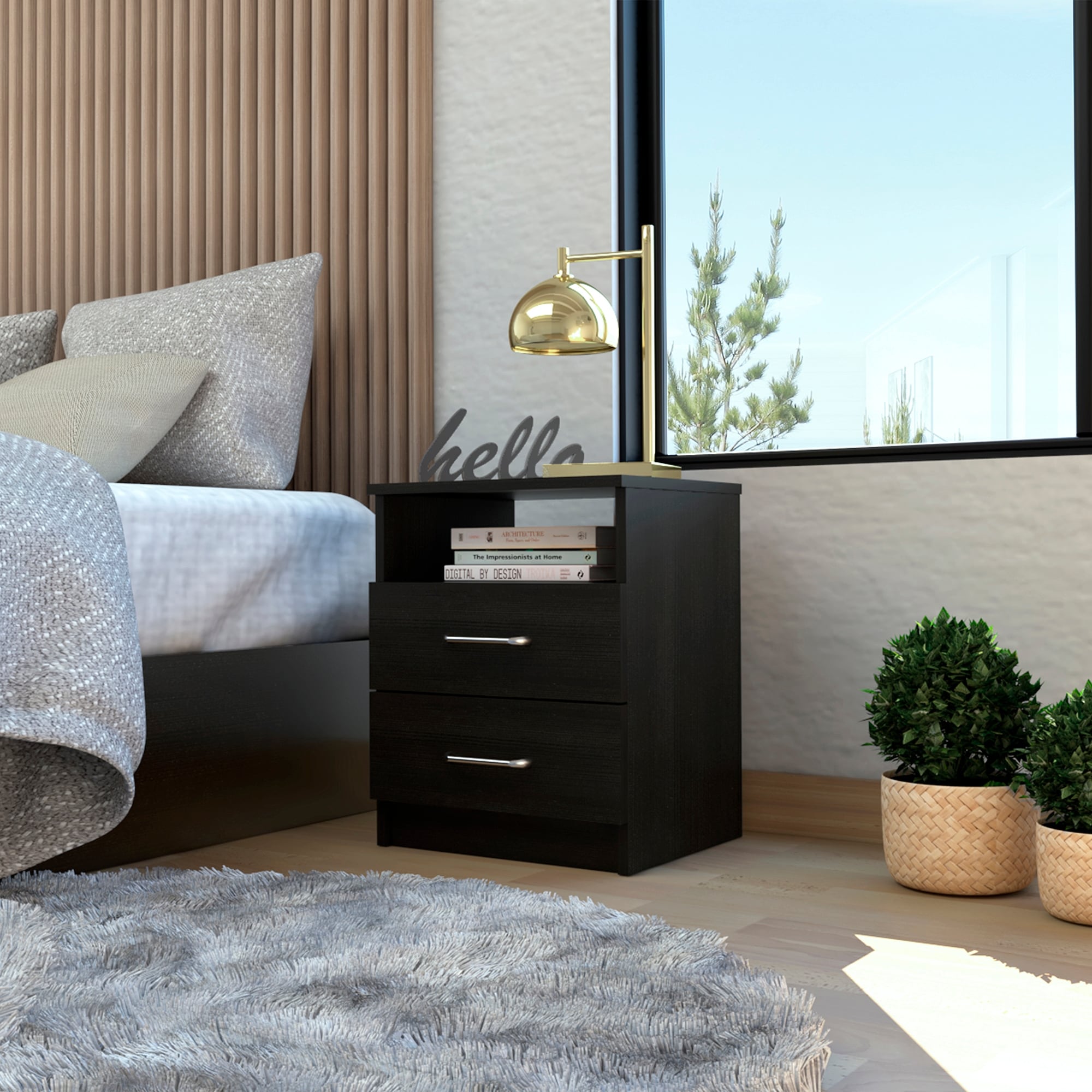 Wenge Rectangle Nightstand with Two Drawers and Shelf
