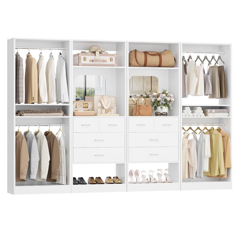 Set of 4 Closet System with 4 Drawer and Hanging Rods, Freestanding Closet Organizer with Storage Shelves