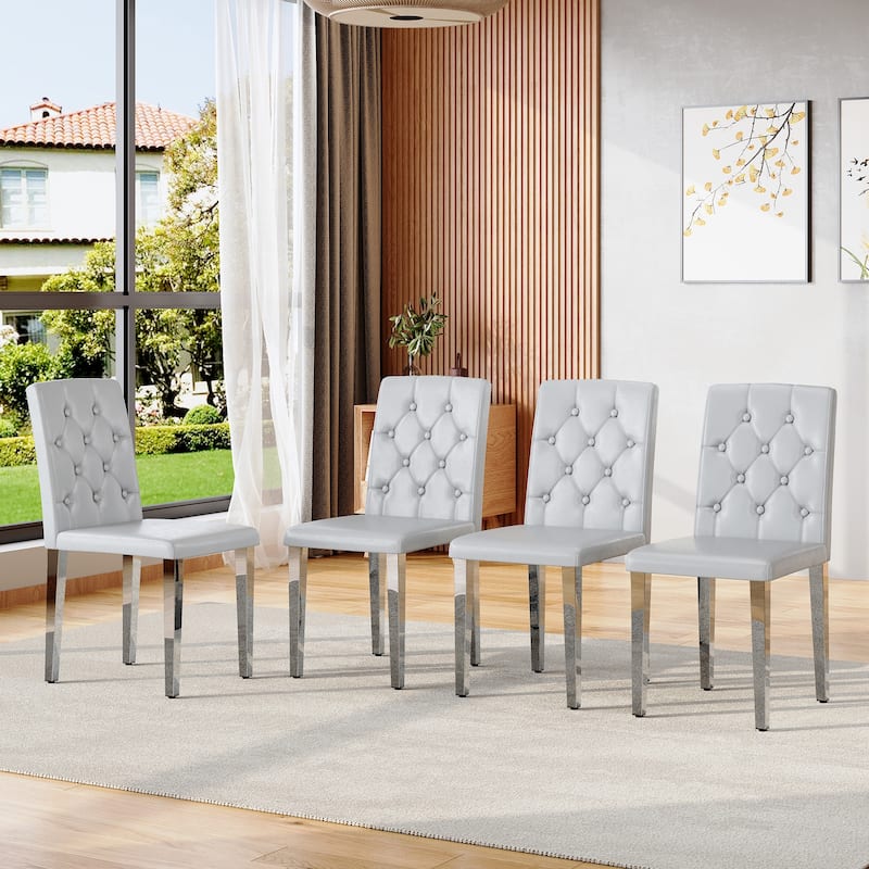 4-piece set of PU Dining Chairs: Ergonomically Designed Buckle Backrest, 35 Inches High, Silver Metal legs