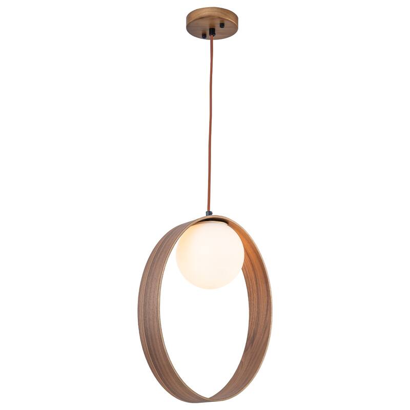 12-in Modern Wood Pendant Light Opal Glass Globe Kitchen Hanging Lamp - Dia.12-in