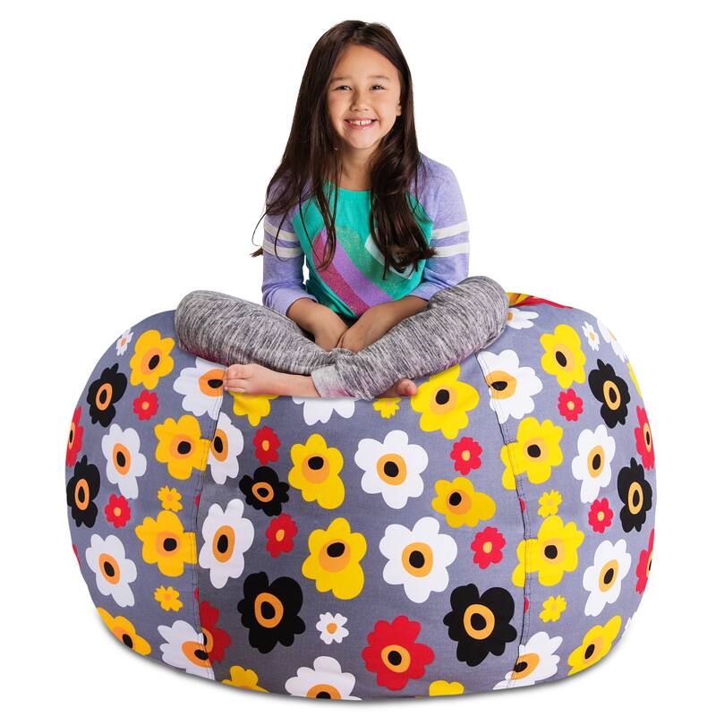 Kids' Stuffed Animal Storage Bean Bag Chair Cover or Toy Organizer - 48 Inches Extra Large - Canvas Multi-colored Flowers on Gray