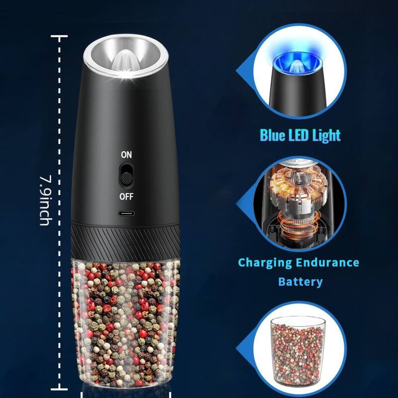 Gravity Electric Salt and Pepper Grinder Adjustable Coarseness USB Rechargeable One-Hand Operation - N/A