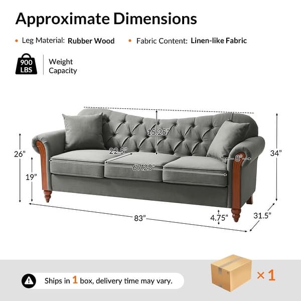 dimension image slide 2 of 5, Mario Traditional 83"Wide Tufted Sofa With Solid Wood Legs and Pillows by HULALA HOME