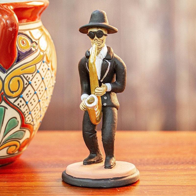 Novica Handmade Jazz De Los Muertos Ceramic Skeleton Sculpture
