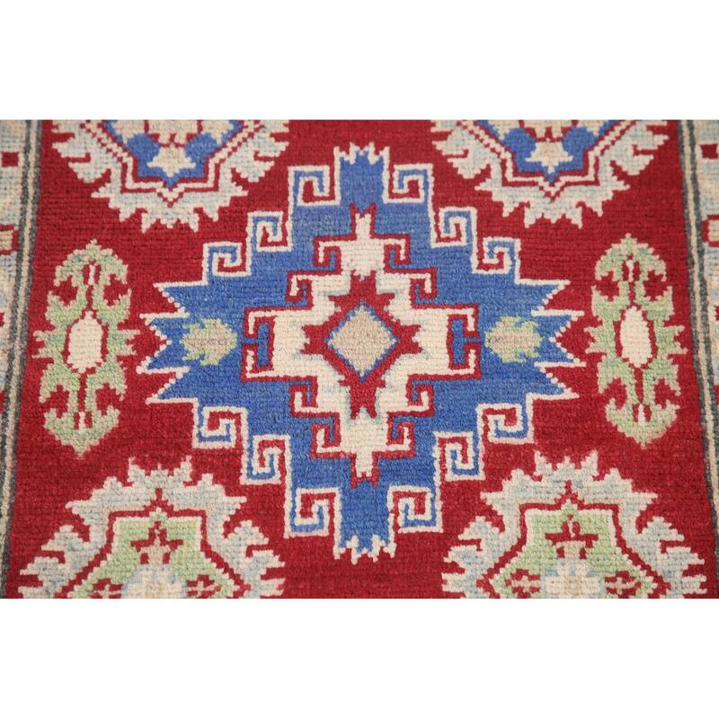 Hand Knotted Oriental 100% Wool Carpet Traditional Geometric Red Kazak Runner Rug - 8' 7'' X 2' 8''