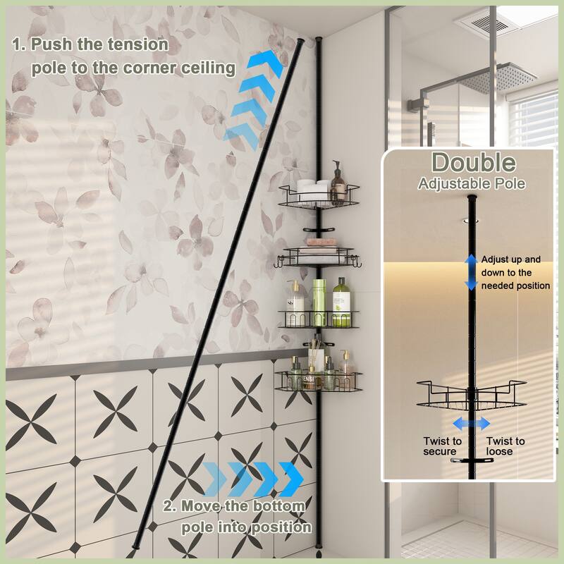Tension Pole Corner Shower Caddy with 4 Adjustable Baskets
