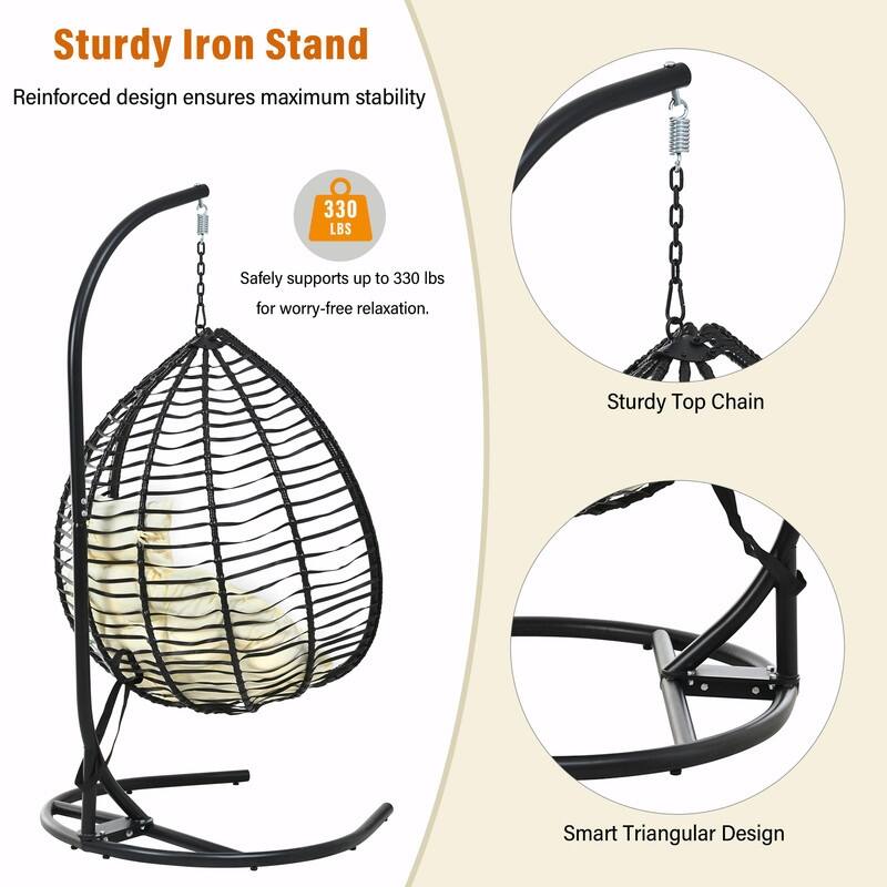 Indoor Outdoor Hanging Hammock Chair with Stand, Foldable Rattan Egg Swing Chair with Cushion & Headrest