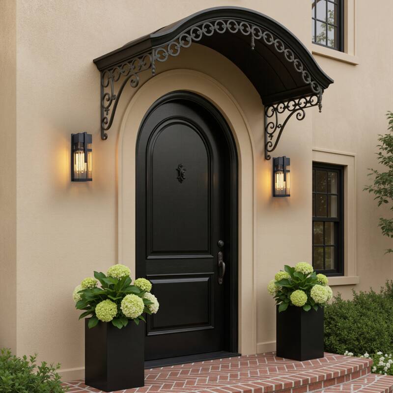 C Cattleya 2-Pack Modern Matte Black Outdoor Wall Lanterns with Clear Tempered Glass