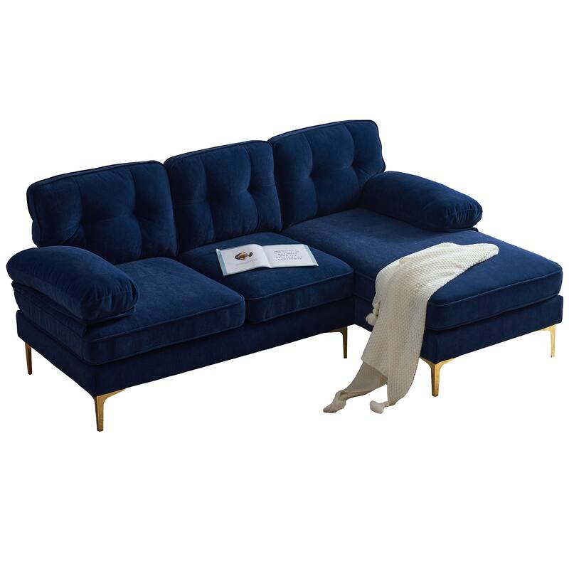 Velvet Sectional Sofas Couches with Pillow Top Arms and Upholstered Backrest, Modern L-Shaped Couches with Metal Legs