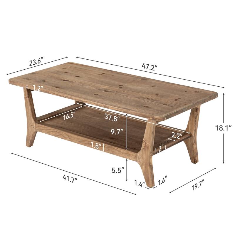 47'' Solid Wood Coffee Table with Open Storage Shelf, Mid-Century Rectangle Center Table
