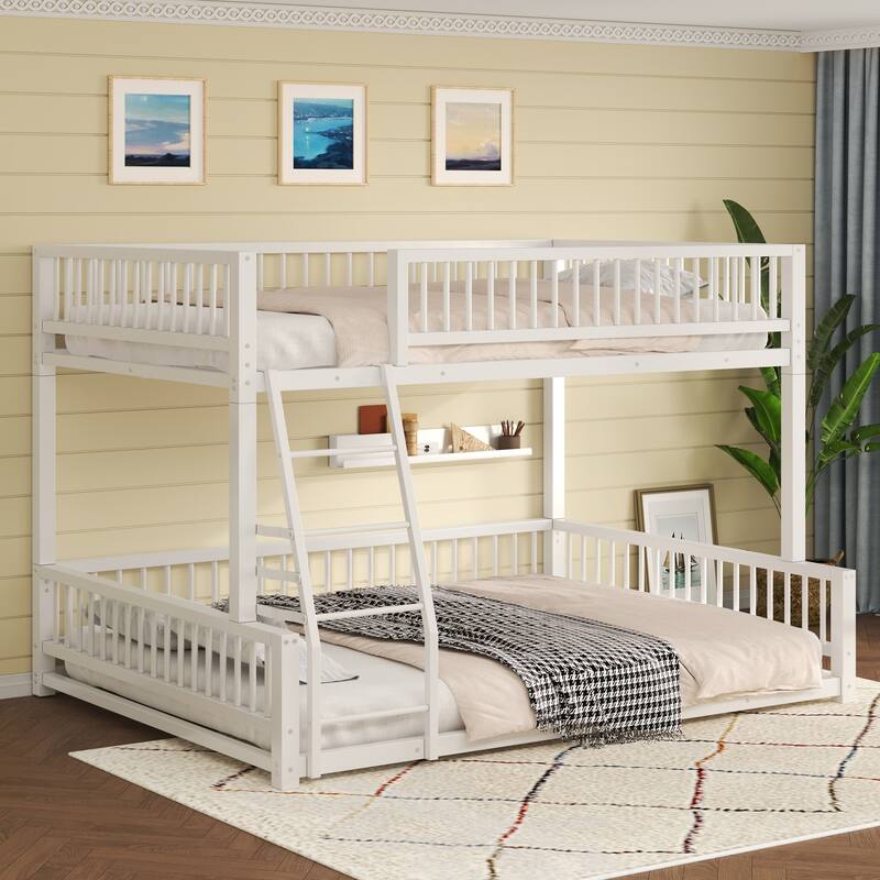 Floor Bunk Bed Heavy Metal Bed Frame with Ladder and Safety Guardrails, Detachable Bunkbeds Design Converts to 2 Platform Beds - White Full XL Queen - Queen