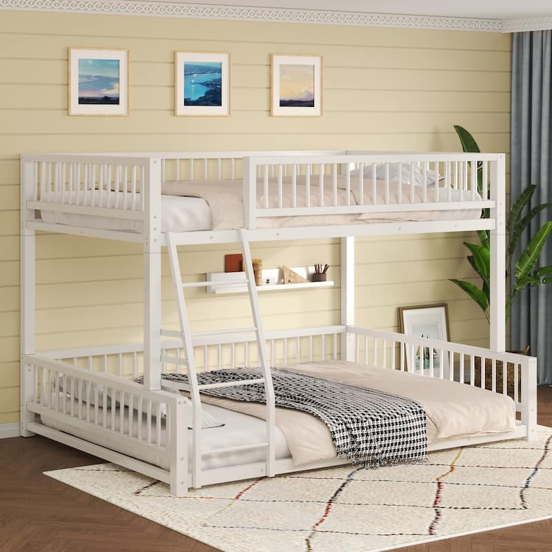Full XL over Queen Metal Bunk Bed Frame with Ladder and Safety Guardrails, Easy Assembly, White - White