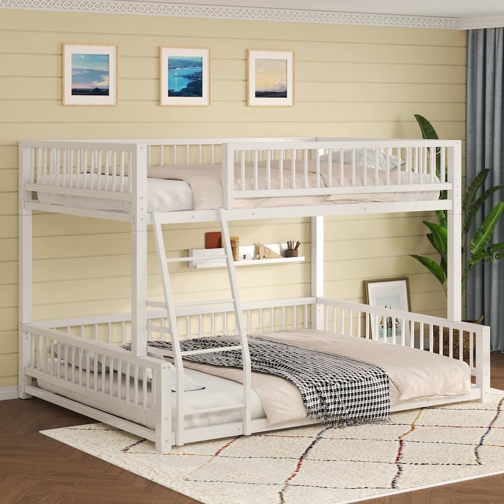 Full XL over Queen Metal Bunk Bed Frame with Ladder and Safety Guardrails, Easy Assembly, White