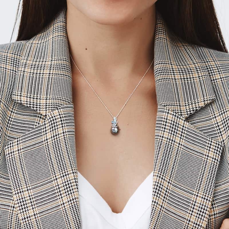 Miadora 9-10mm Black Tahitian Cultured Pearl 5/8 ct TGW Blue Topaz London and Blue Topaz Sky with Diamond Accent 14k White Gold