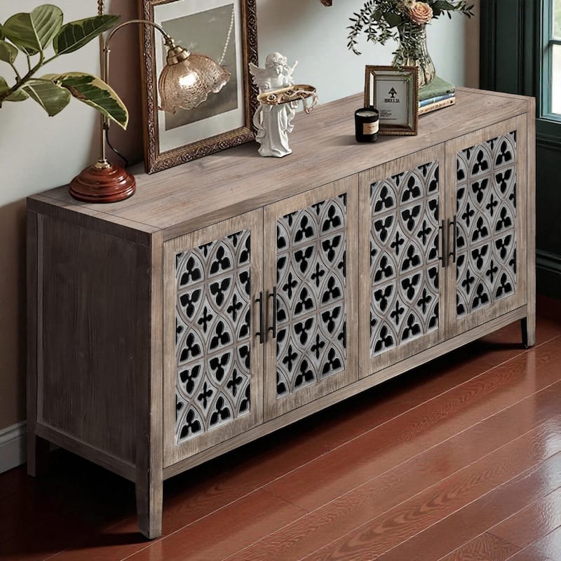 59.8" Hollow Carved 4-Door Antique Sideboard Buffet Cabinet, American Country Style Storage Console for Living Room