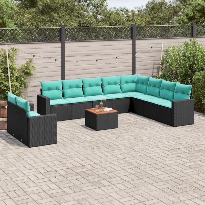 vidaXL Patio Sofa Set with Cushions Outdoor Furniture 11 Piece Poly Rattan - 25.8x 24.4x 27.2 - Black and Blue