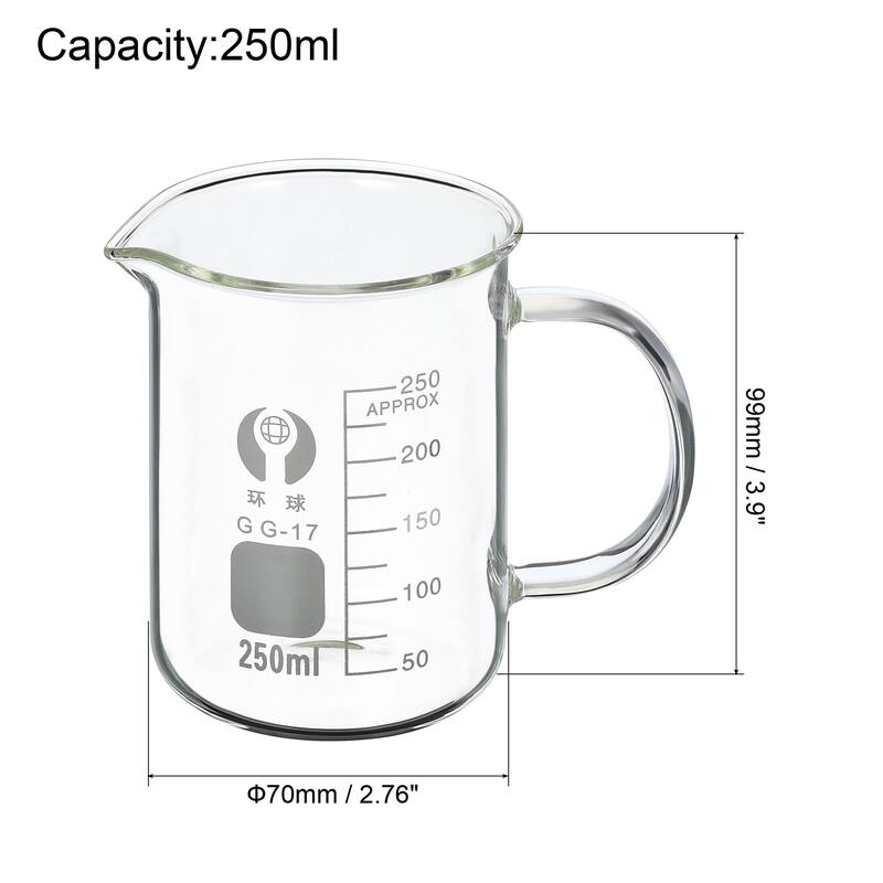 250ml Glass Beaker with Handle, 3.3 Borosilicate Lab Measuring Cups - Clear