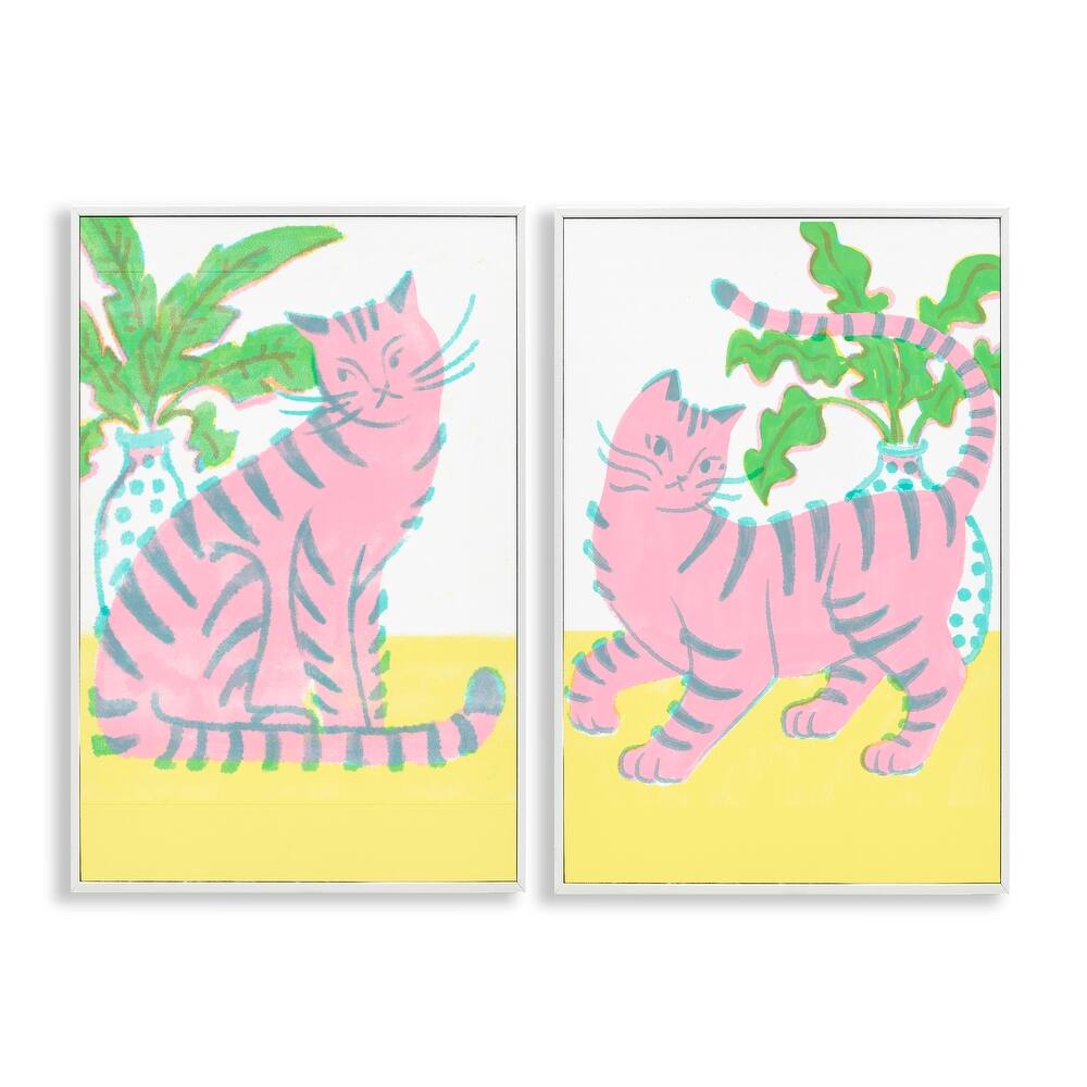 Stupell Pastel Pink Cats & Plants Framed Giclee Art Design By Hannah Moren (Set of 2)