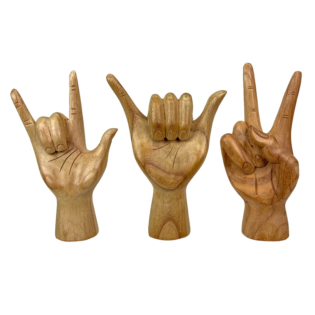 Set Of 3 Wooden Hand Sculptures Peace, Love You, Hang Loose - 8 X 5.5 X 2.25 inches