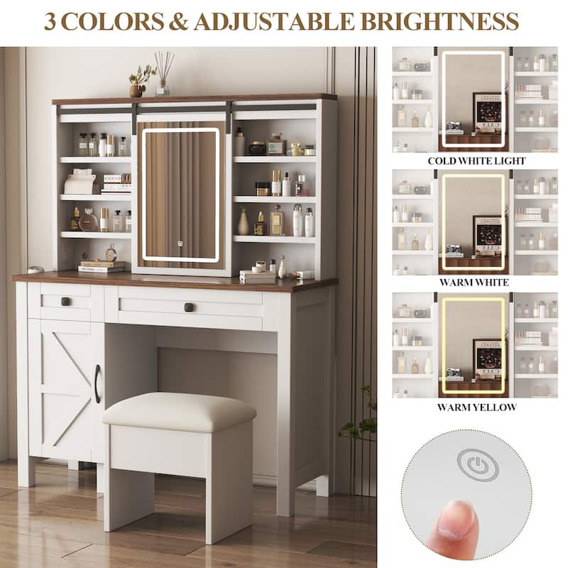 Farmhouse Makeup Vanity Desk with Sliding Mirror and Lights and Hairdryer holder and charging socket