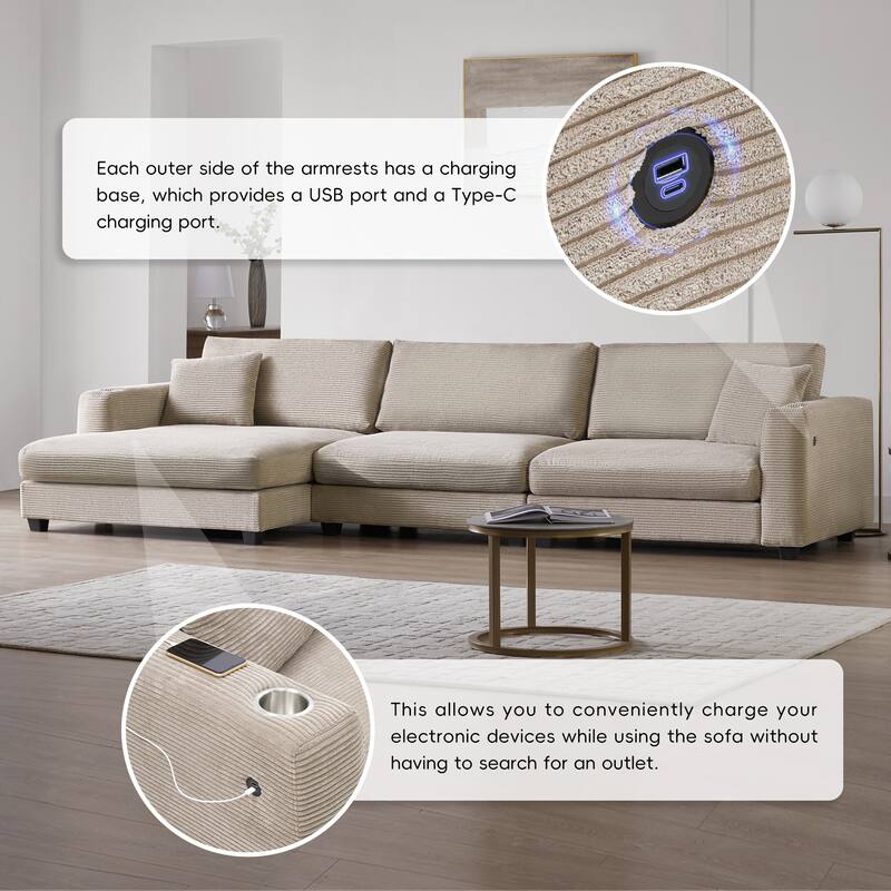 Corduroy Sectional Sofa with Chaise, USB Ports, Cup Holders - Comfy Living Room Furniture