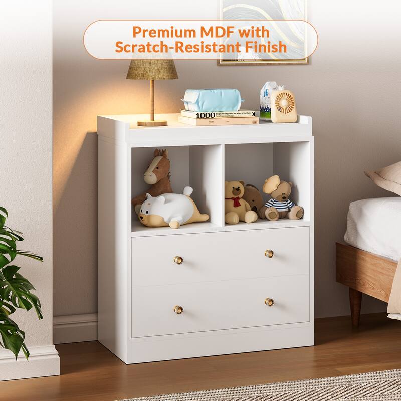 Changing Table With Pad, Modern Changing Station With 2 Drawers and 2 Open Compartments